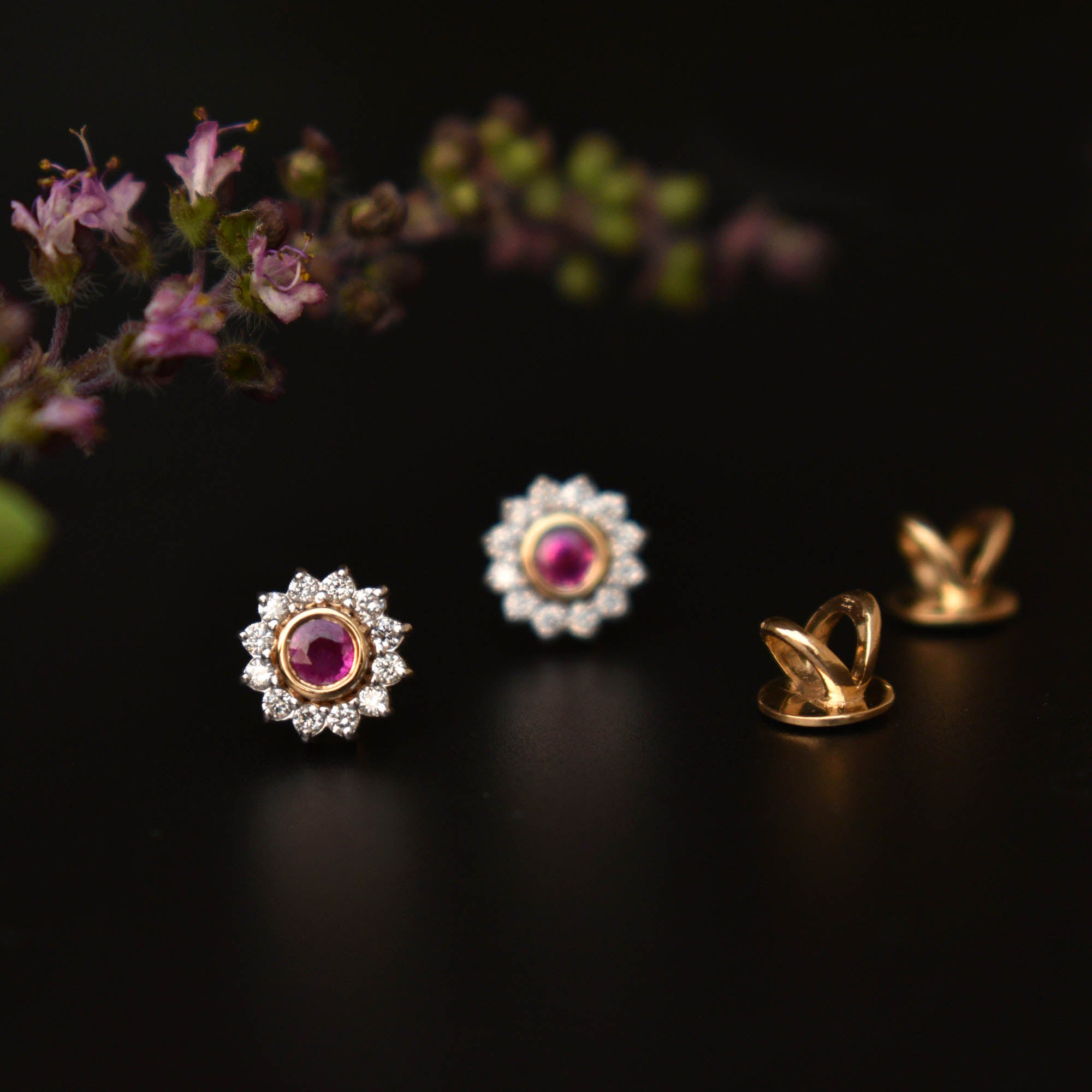 Natural Ruby & Diamond Floral Halo Ear Piercing Stud