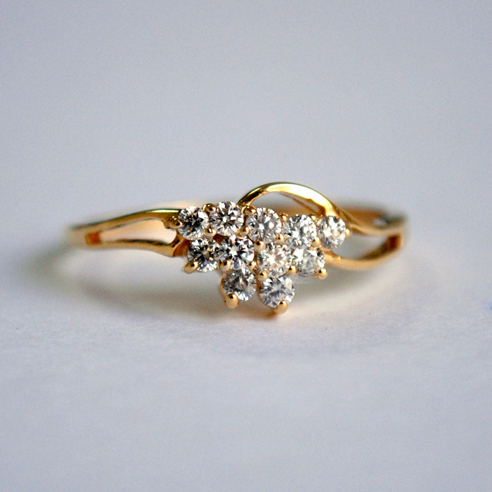 Diamond Cluster Wave Ring in 14K Solid Gold, Curved Split Shank Diamond Ring