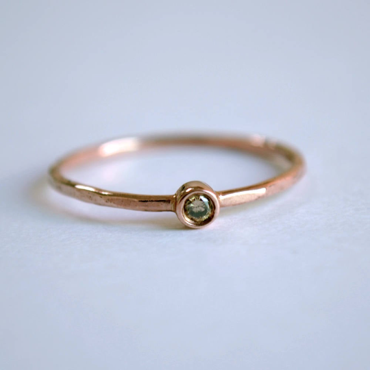 Bezel Set Minimal Champagne Diamond Engagement Ring with Hammered Band