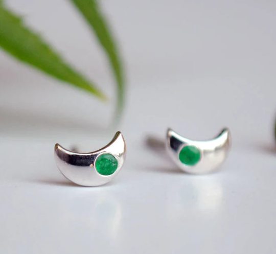 Crescent Moon Emerald Studs