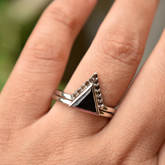 Triangle Black Spinel and Smoky Quartz Wedding Ring Set