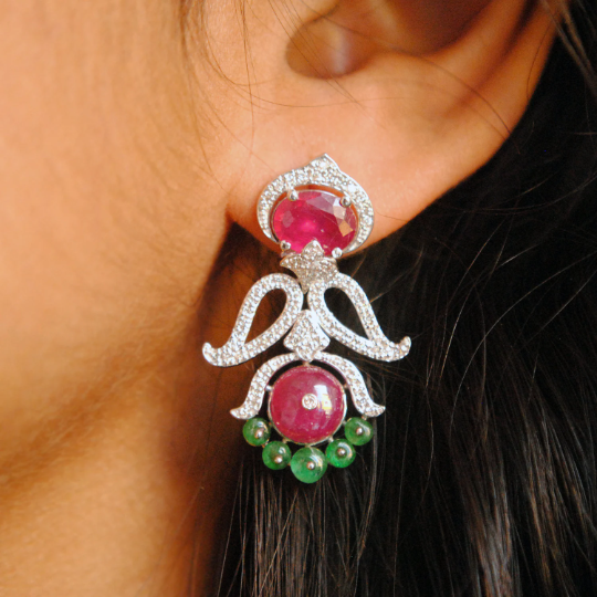 14k Natural Diamond, Ruby and Emerald Chandelier Earrings