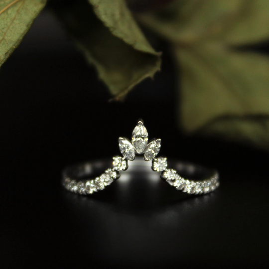 Deep V Diamond Ring Enhancer in 14K Gold, Curved Tiara Stacking Wedding Band, Marquise & Round Diamond Contour Ring