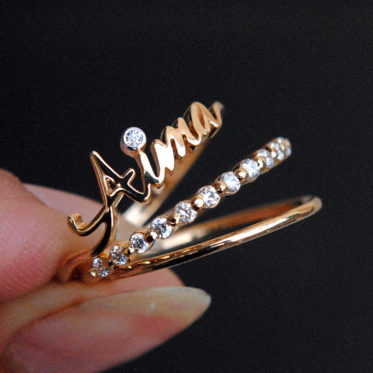 Three Ring Set with Custom Name Ring, Shared Prong Diamond Band