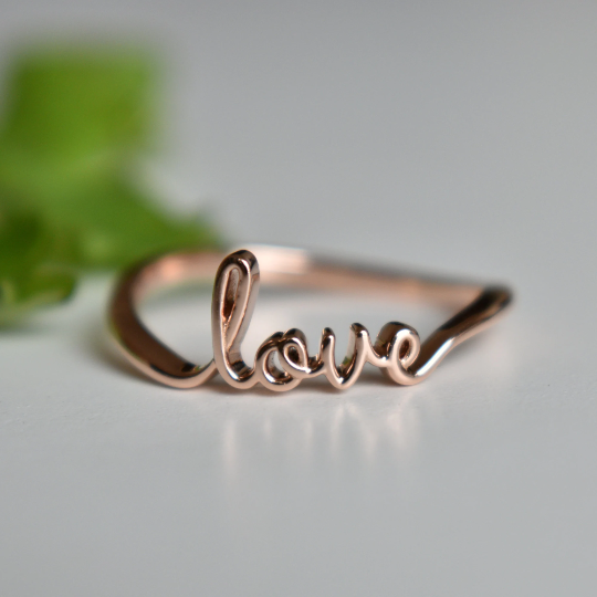 Solid Gold Love Ring, Valentine Ring, Word Text Script Ring, Long Distance Gifts