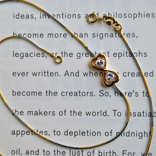 Twin Heart Infinity Necklace in 18K Gold, Unique Off Center Minimal Diamond Necklace