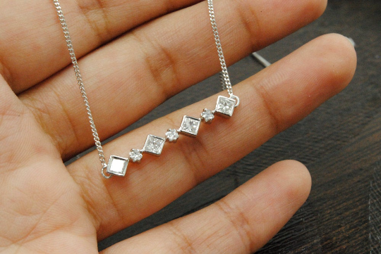 Dainty Bar Necklace with Princess Cut Diamond 14k Gold
