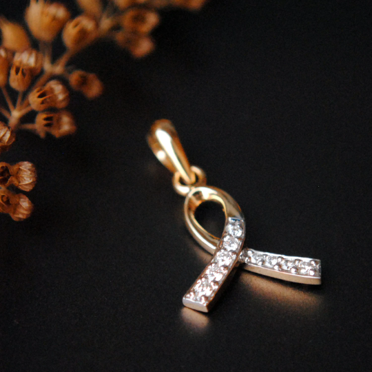 Diamond Awareness Ribbon Charm Pendant, Dainty Gold and Diamond Ribbon Necklace Pendant