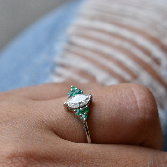Half Carat Marquise Diamond Emerald Cluster Engagement Ring