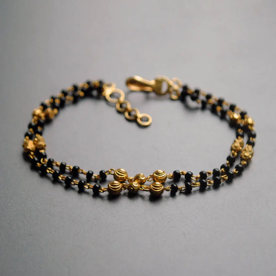 18K Solid Yellow Gold Double Strand Mangalsutra Bracelet with Gold Chain and Black Beads 6.5 Inches