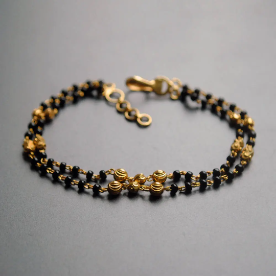 18K Solid Yellow Gold Double Strand Mangalsutra Bracelet with Gold Chain and Black Beads