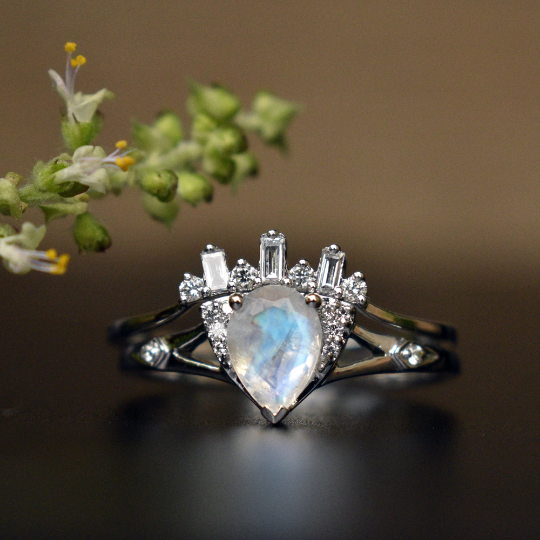 Pear Moonstone and Curved Diamond Wedding Ring Set