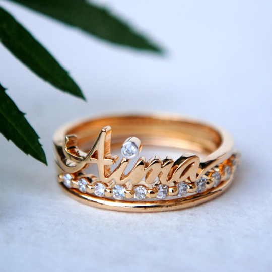 Three Ring Set with Custom Name Ring, Shared Prong Diamond Band and Plain 1mm Gold Band