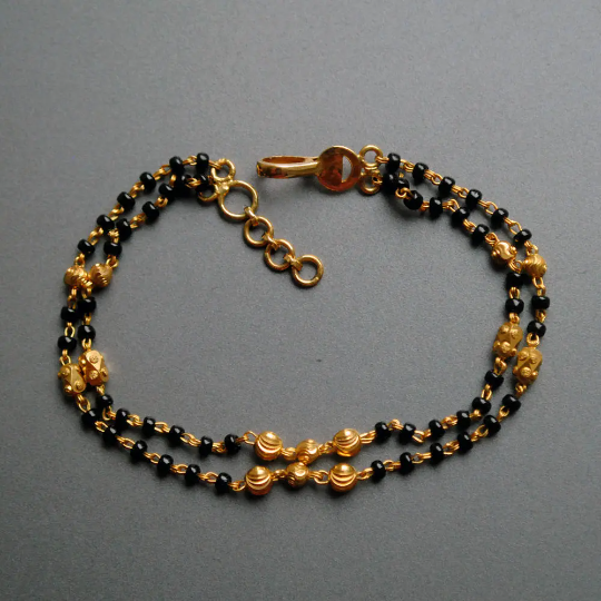 18K Solid Yellow Gold Double Strand Mangalsutra Bracelet With Gold