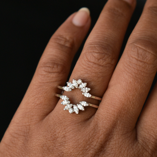 Marquise Round Diamond Sunburst Halo Stack Ring Wrap