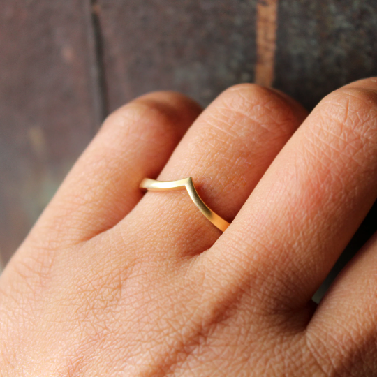 Simple Solid Gold Matte Gold Chevron V Stack Wedding Ring Satin Finish Plain Gold Stack Ring