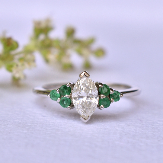 Half Carat Marquise Diamond & Emerald Cluster Engagement Ring