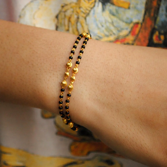 18K Solid Yellow Gold Double Strand Mangalsutra Bracelet with Gold