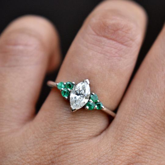 Half Carat Marquise Diamond Emerald Cluster Engagement Ring