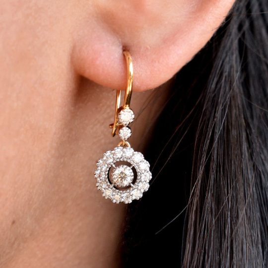 Milgrain Bezel Diamond Dangle Earrings, Ear Wire with Lock