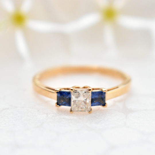 Princess Diamond Three Stone Ring with Blue Sapphire