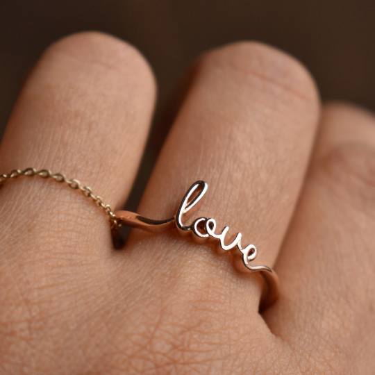 Solid Gold Love Ring Valentine Ring Word Text Script Ring Long Distance Gifts
