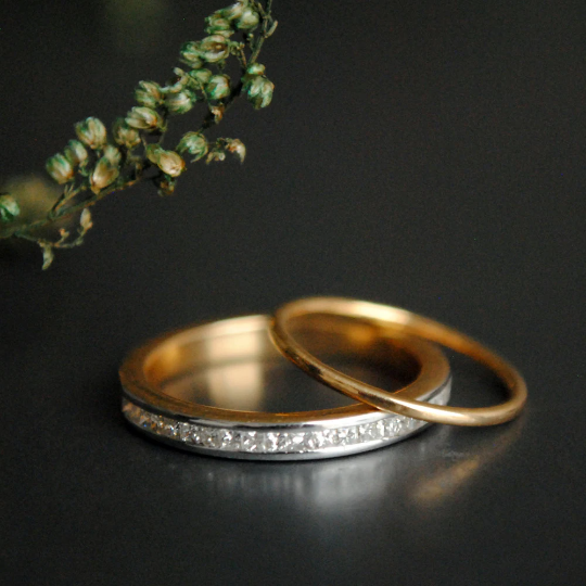 Two Ring Stacking Wedding Bands Set, Princess Cut Diamond Channel Set Ring with Thin Stackable Solid Gold Band
