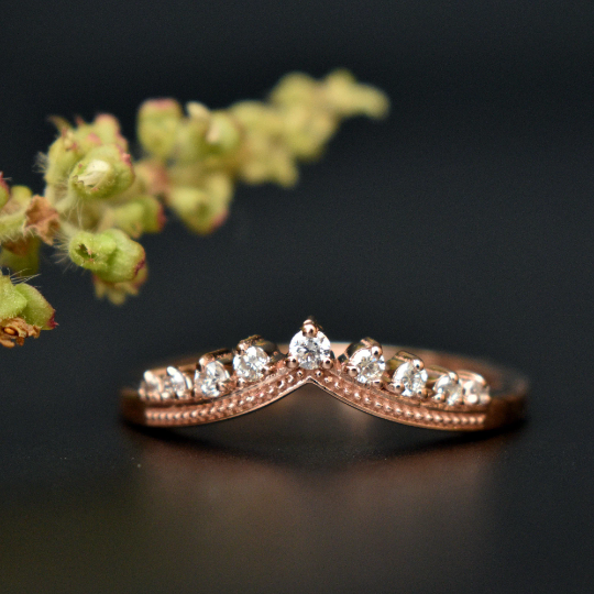 Diamond Tiara Chevron Ring in 14K Solid Gold , Stackable V Milgrain Band, Promise Wedding Engagement Bridal Crown Ring