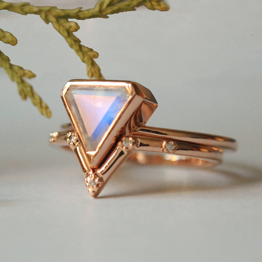 Moonstone & Pave Diamond V Wedding Ring Set-Abhika Jewels