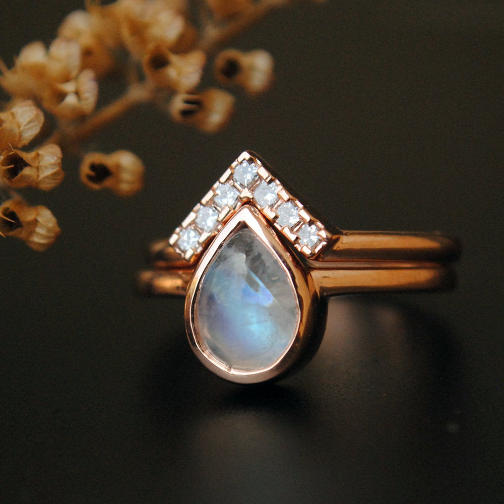 Pear Moonstone Wedding Ring Set-Abhika Jewels