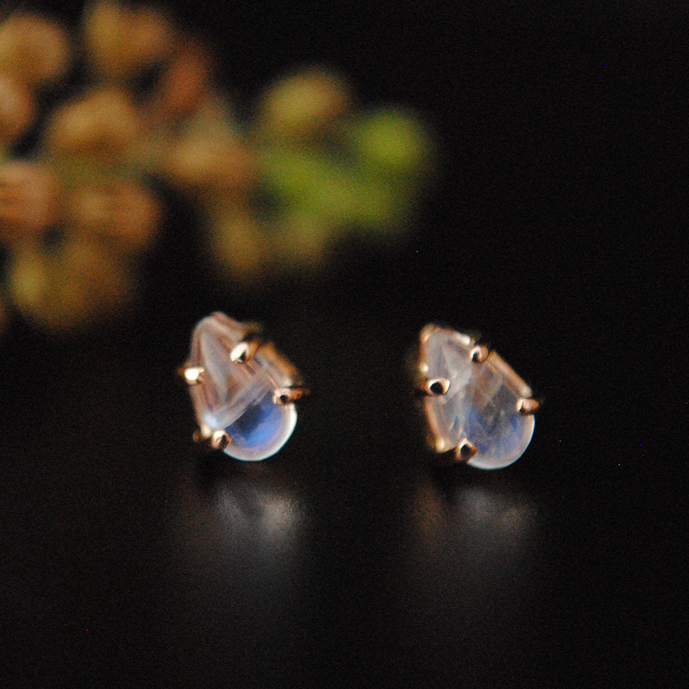 5x3mm Pear Natural Rainbow Moonstone Gold Studs Earring-Abhika Jewels