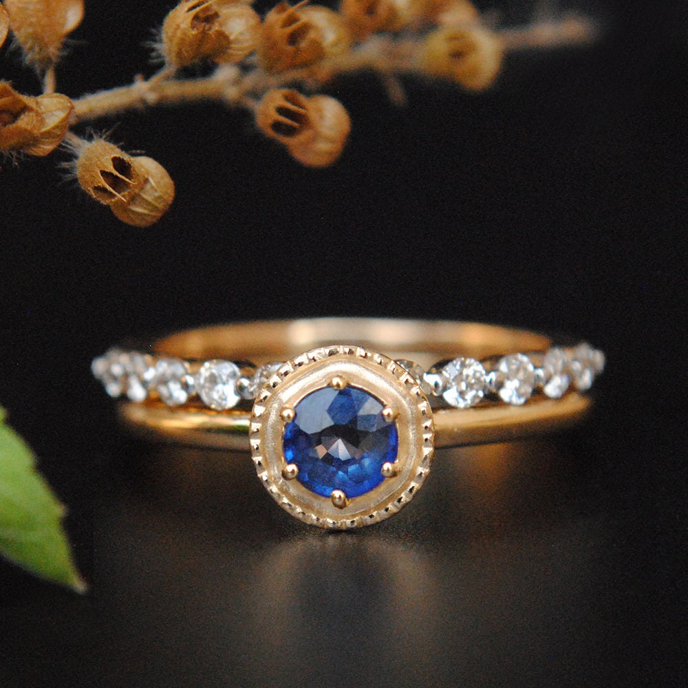 Blue Sapphire Engagement Ring Set with Half Eternity Diamond Band, Gemstones Wedding Set in Solid Gold