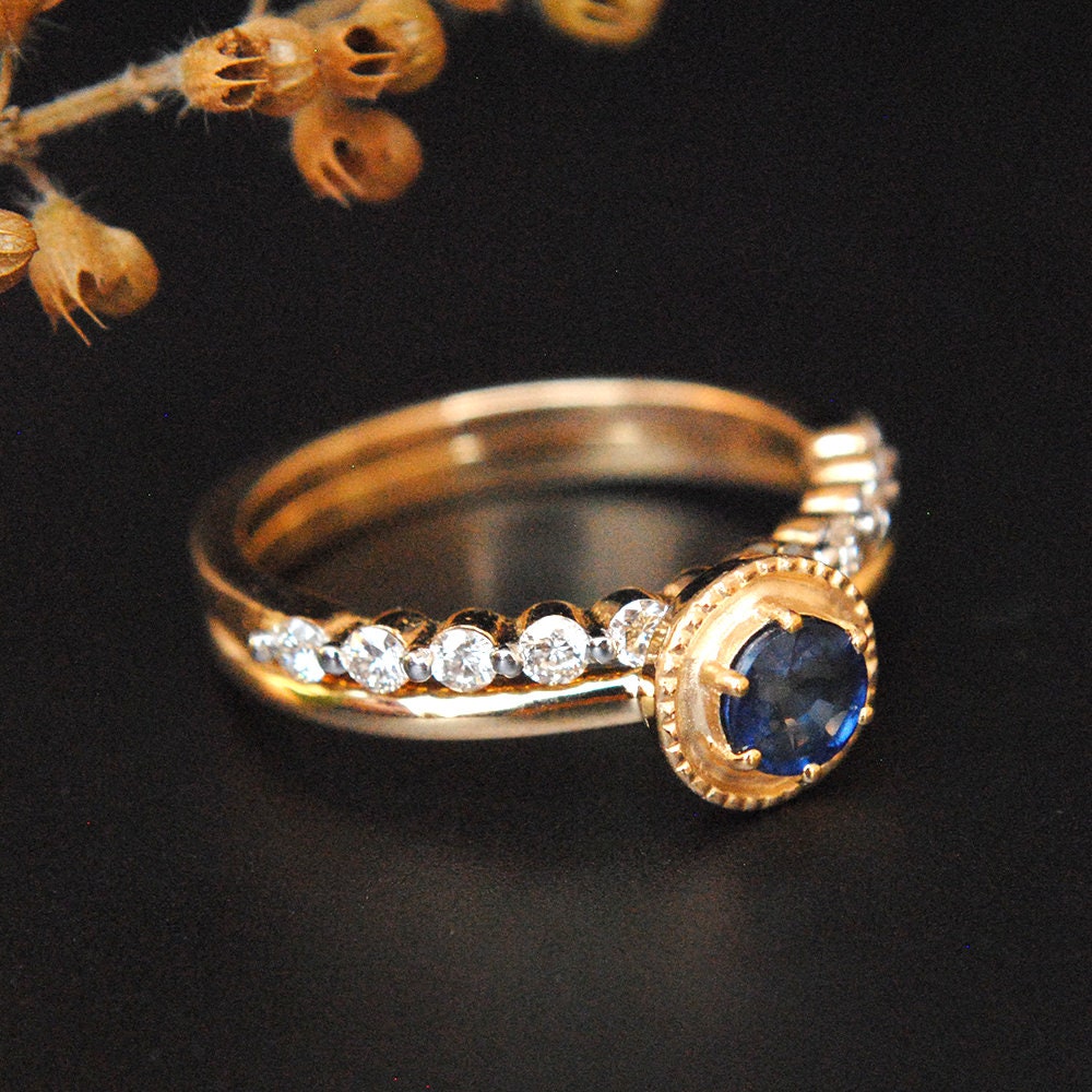 Blue Sapphire Engagement Ring Set with Half Eternity Diamond Band - Abhika  Jewels