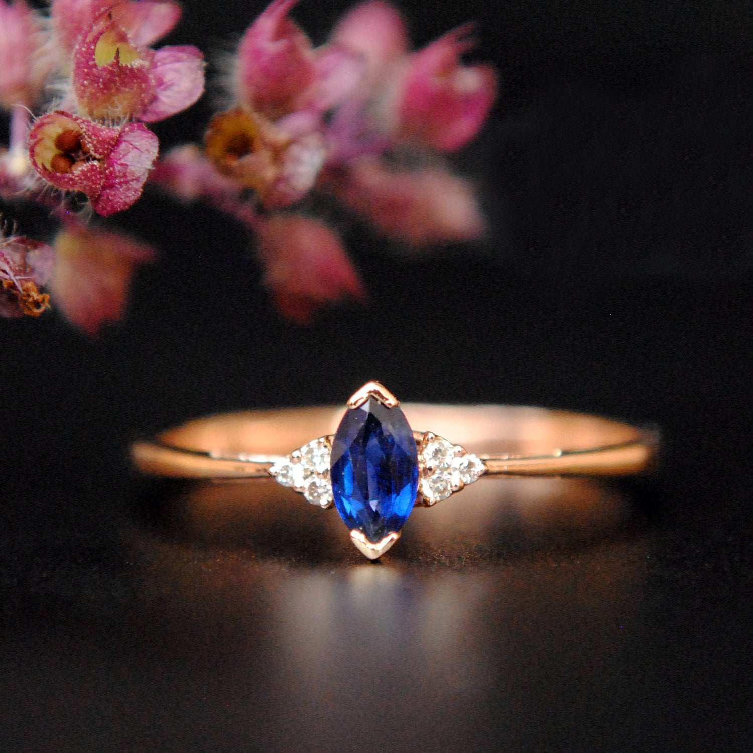 Blue Sapphire Marquise and Diamond Cluster Ring-Abhika Jewels