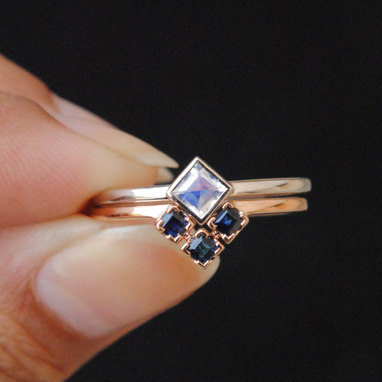 Vintage Sapphire Engagement Ring Set, Diamond Bridal Ring Sets ,Blue  Sapphire Wedding Set, 1.83 Carat 14K Black Gold Certified Halo Handmade