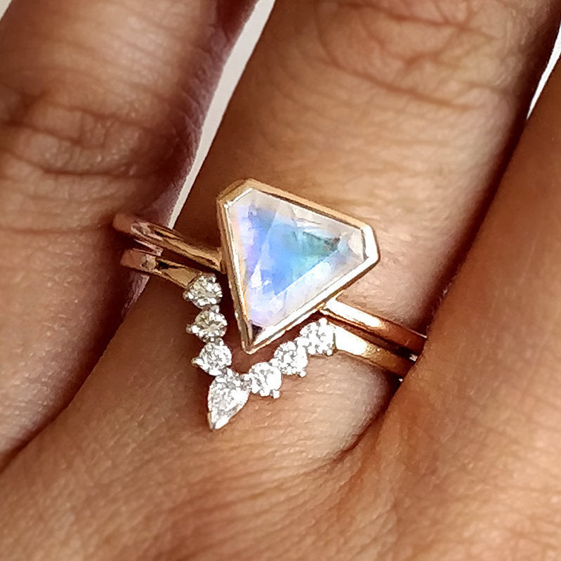 Shield Moonstone Ring with Marquis Pear Band, Wedding Ring Set-Abhika Jewels