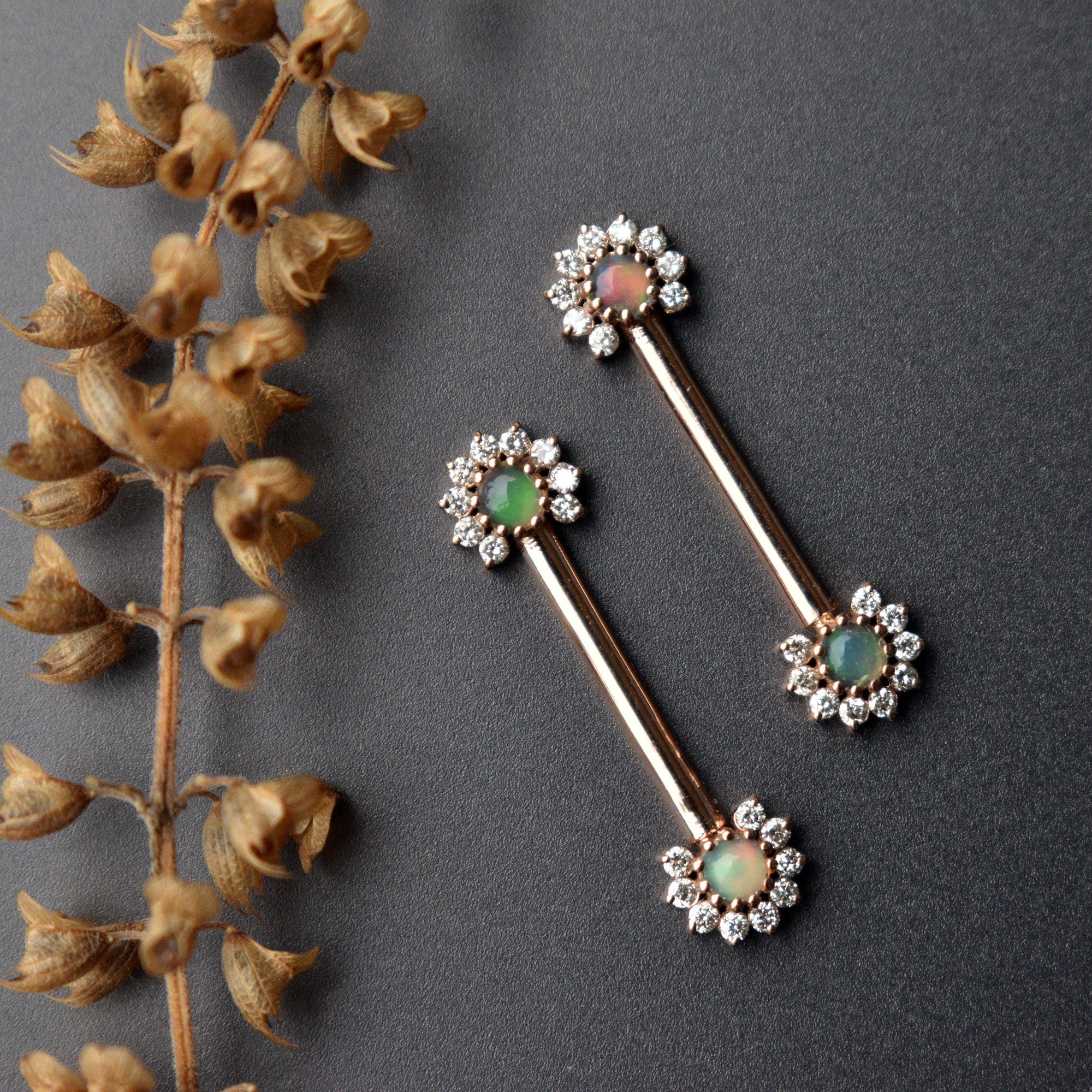 Natural Opal & White Diamond Flower 14g Industrial Piercing, Straight Barbell in 14k Solid Gold