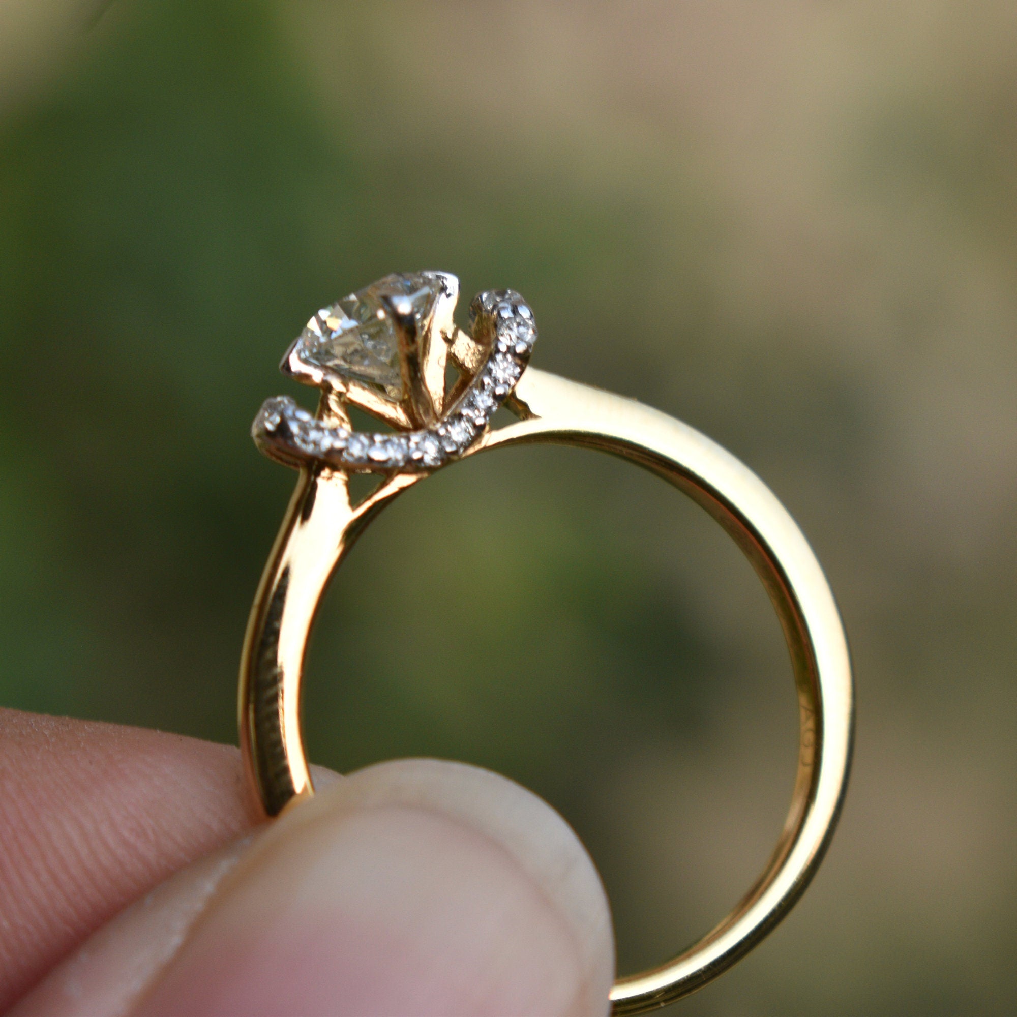 5mm Round Moissanite & Diamond Engagement Ring, 14k Solid Gold Half Carat Solitaire Ring, Unique Proposal Ring