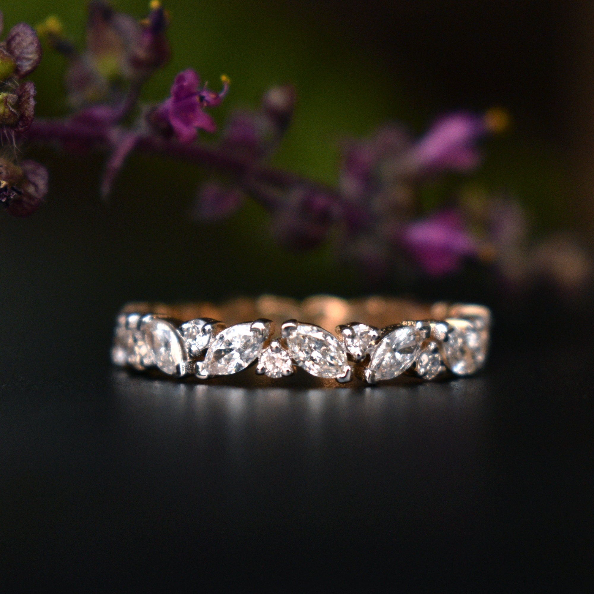 Marquise Diamond Ring, 14K Solid Gold Full Eternity Wedding Band, Alternating Marquise Round Diamond Stack Ring, Natural Diamond Bridal Band