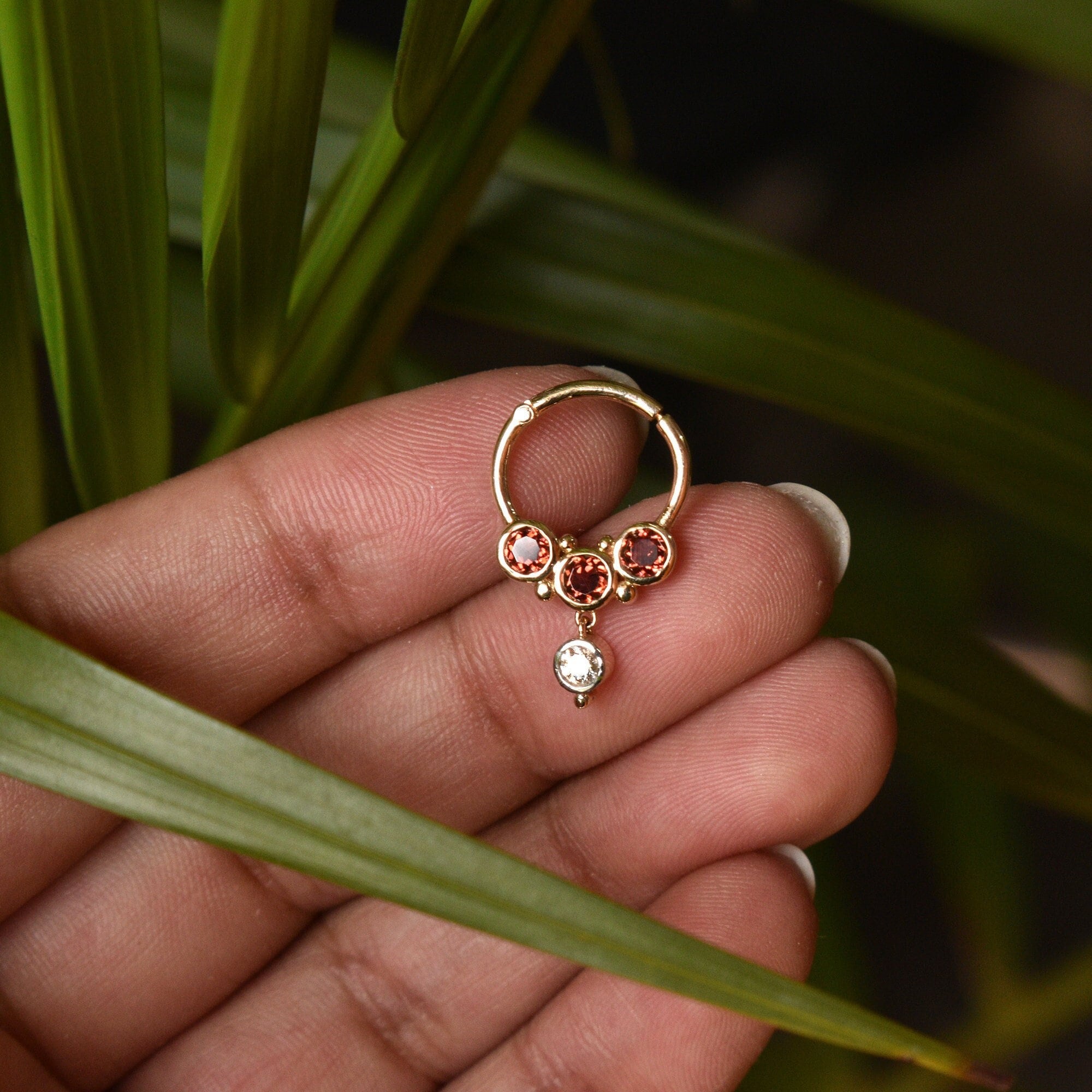 6 8 10mm Natural Garnet & Dangling Diamond Clicker, 14k 18k Solid Gold Nose Daith Septum Hoop 14g 16g 18g, Fine Piercing Jewelry