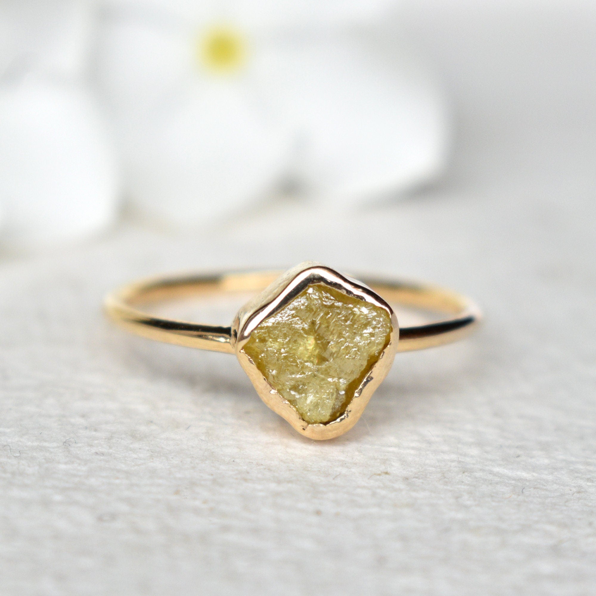 1.25 Carat Fancy Yellow Rough Diamond Ring, 14k Solid Yellow Gold Bezel Set Ring, Uncut Natural Diamond Wedding Engagement Ring