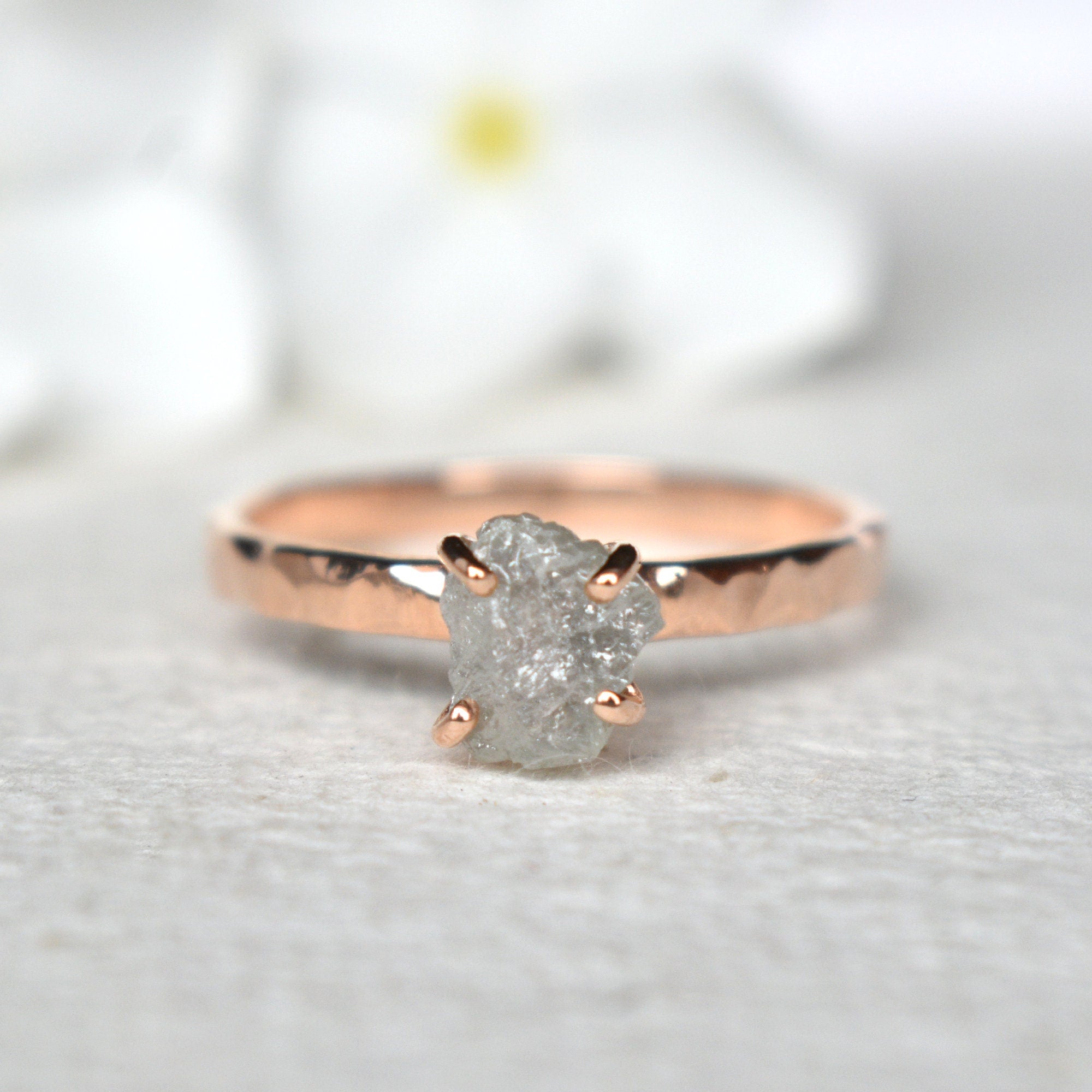 1 Carat Gray Rough Diamond Engagement Ring, 14K Rose Gold Claw Set Raw Diamond Ring, Hammered Band, Unique Promise Proposal Ring