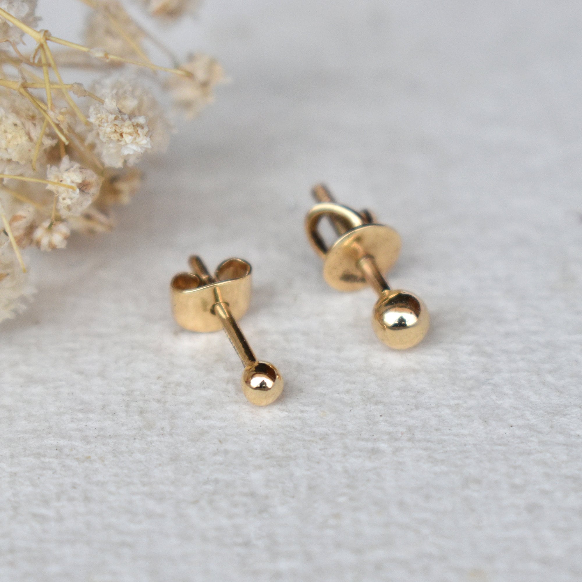 3mm Ball Stud Piercing Earrings in 14K Solid Gold - Short Post