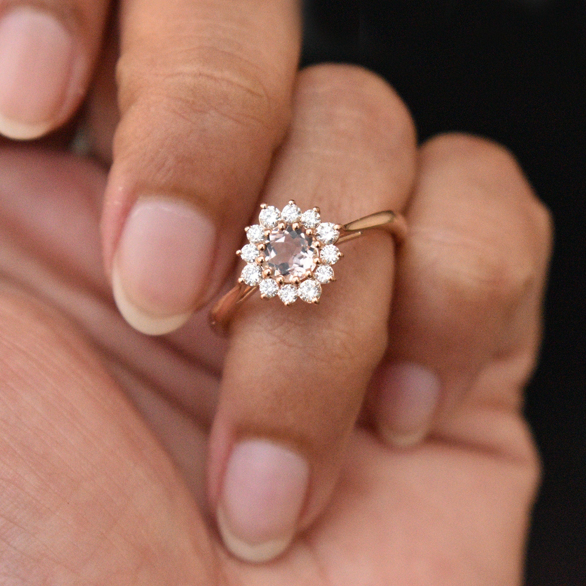 Morganite & Diamond Halo Engagement Ring, 14K Solid Gold Flower Cluster Ring, Unique Halo Cathedral Proposal Ring, Alternative Bridal Floral