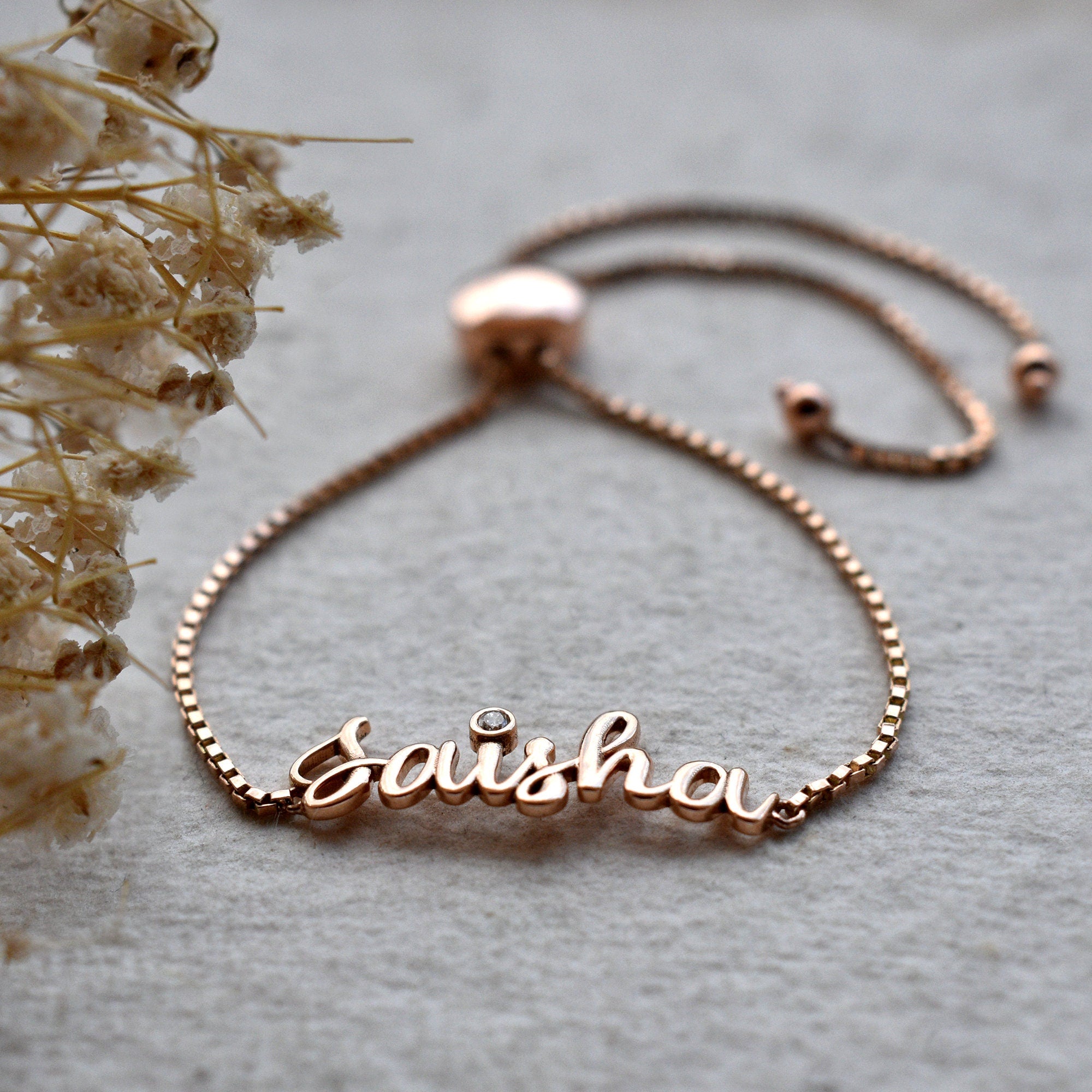 14K Solid Gold Personalized Name Bracelet, Adjustable Length Custom Name Bracelet, Newborn Baby Gifts, Thoughtful Gifts, Stocking Stuffer