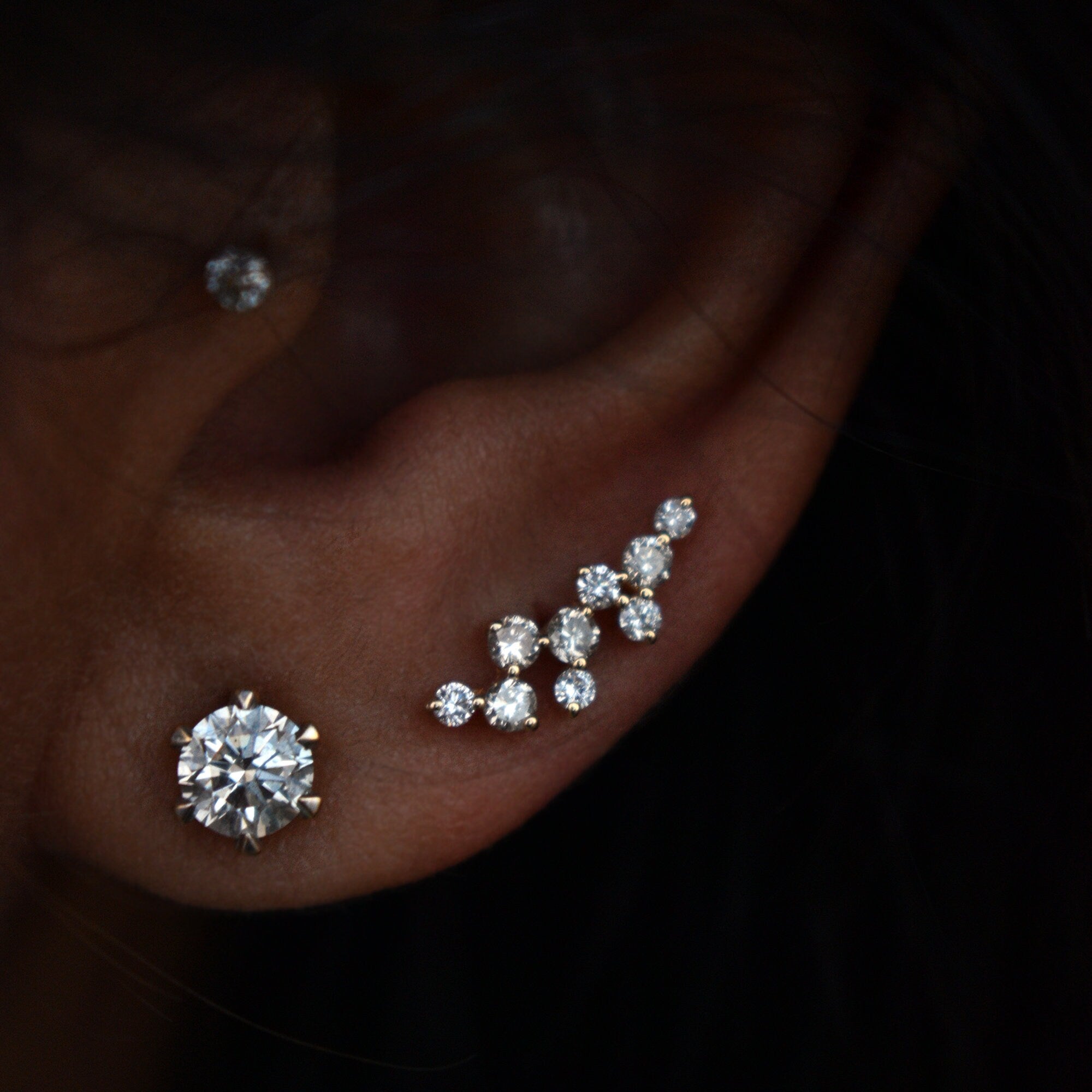 Solid Gold & Natural Diamond Ear Climbers, Ear Crawler Sweeps, Celestial Cluster Pushback Earring, Bridal Earrings