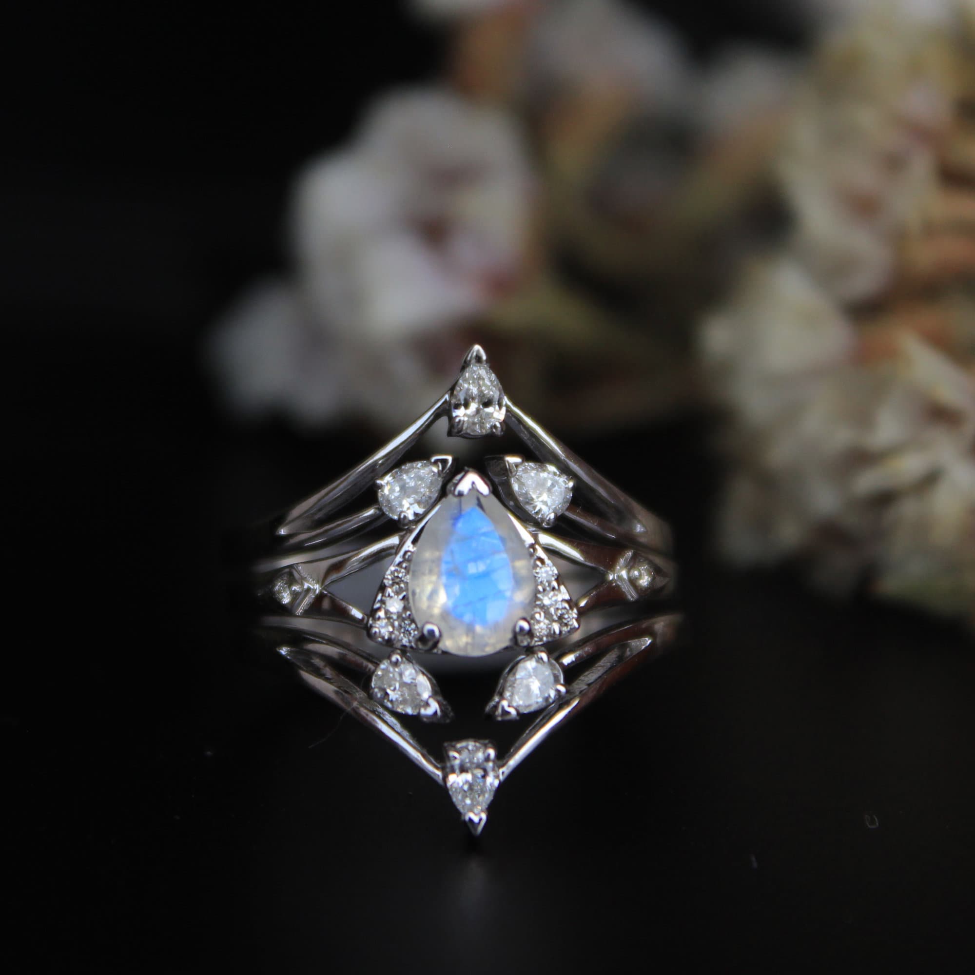 3pc Moonstone Diamond Wedding Engagement Ring Set, Solid 14k 18k Gold, Rainbow Moonstone, Pear Diamond V Ring Set, Grand Bridal Rings