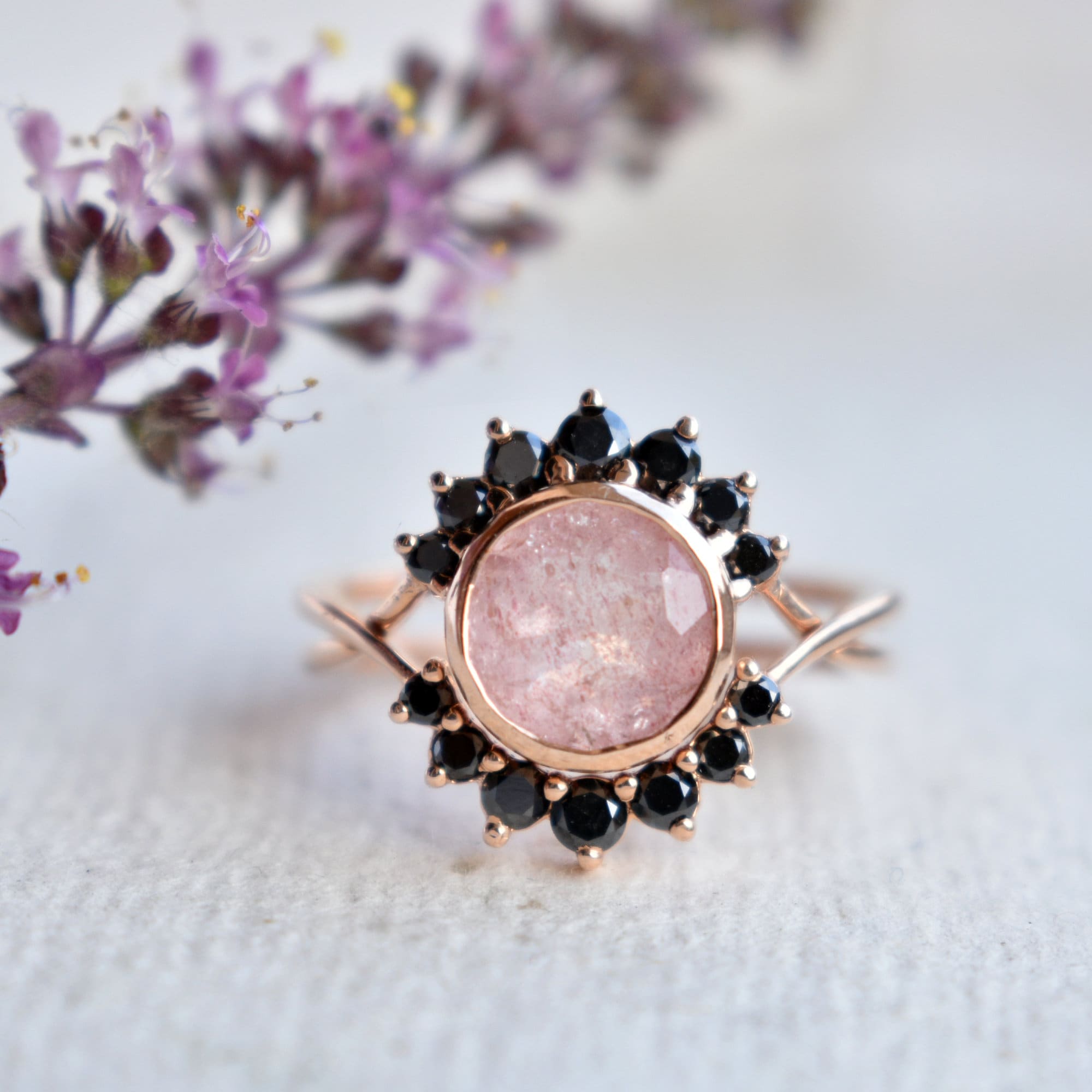 Strawberry Quartz & Black Diamond Engagement Ring Set, Solid 14K Rose Gold Bridal Ring Set, Pink Gemstone Ring with Black Diamond Halo