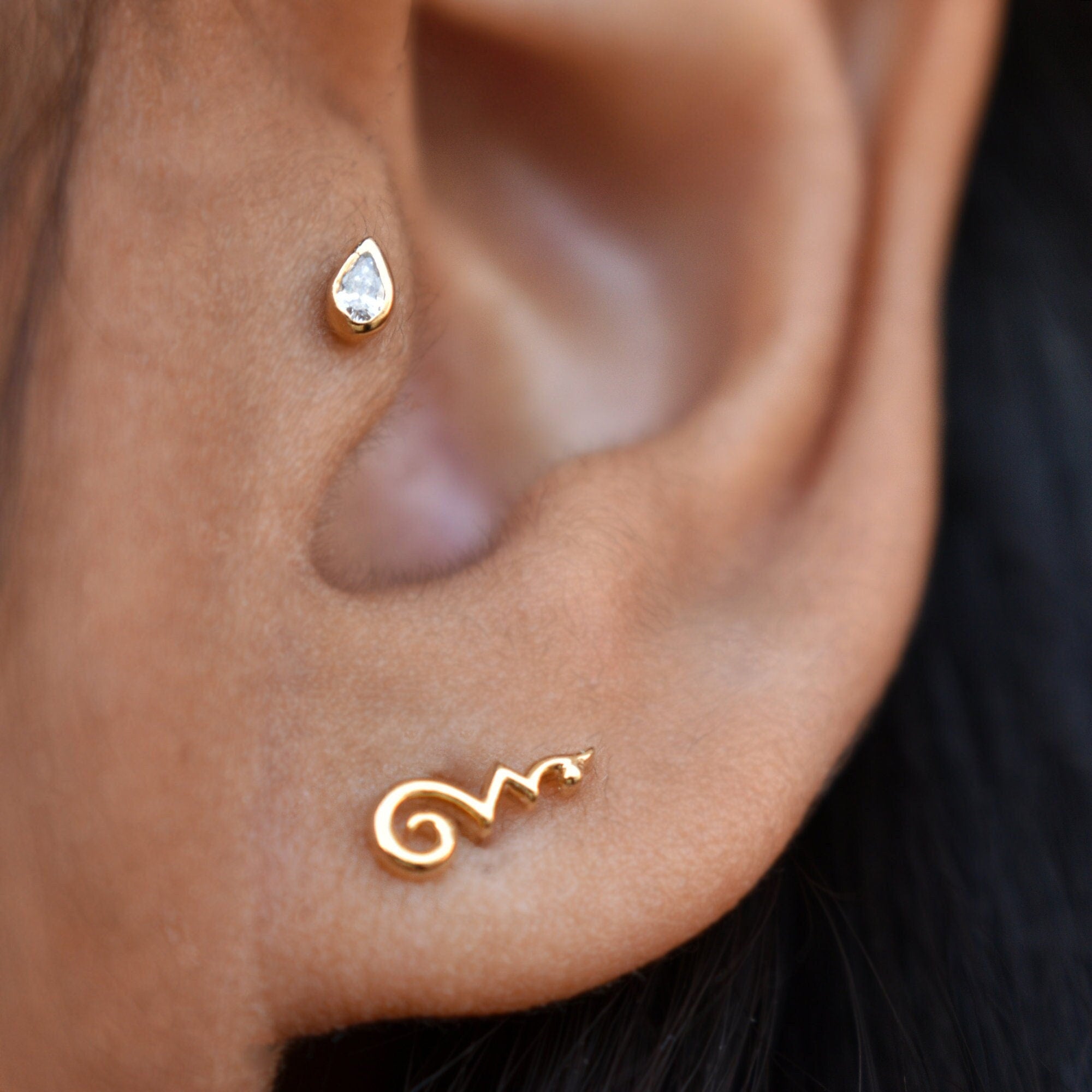 3x2 mm Natural Pear Diamond Flatback Earring in 14k Solid Gold, Lobe Tragus Conch Flat Helix Lip Piercing Jewelry