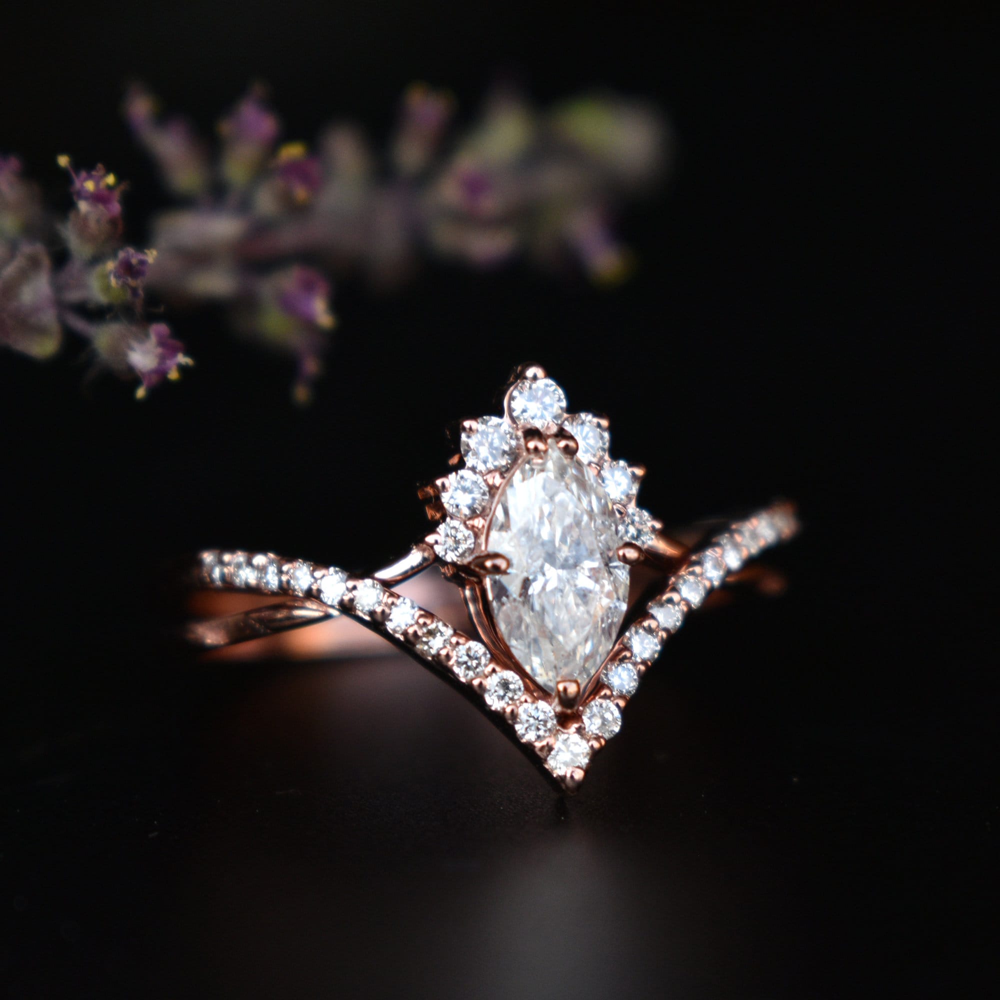 0.50 Ct Marquise Diamond Wedding Ring Set, 14K Rose Gold Crossover Bridal Ring Set, READY TO SHIP, Chevron V Wedding Band, Half Halo Ring